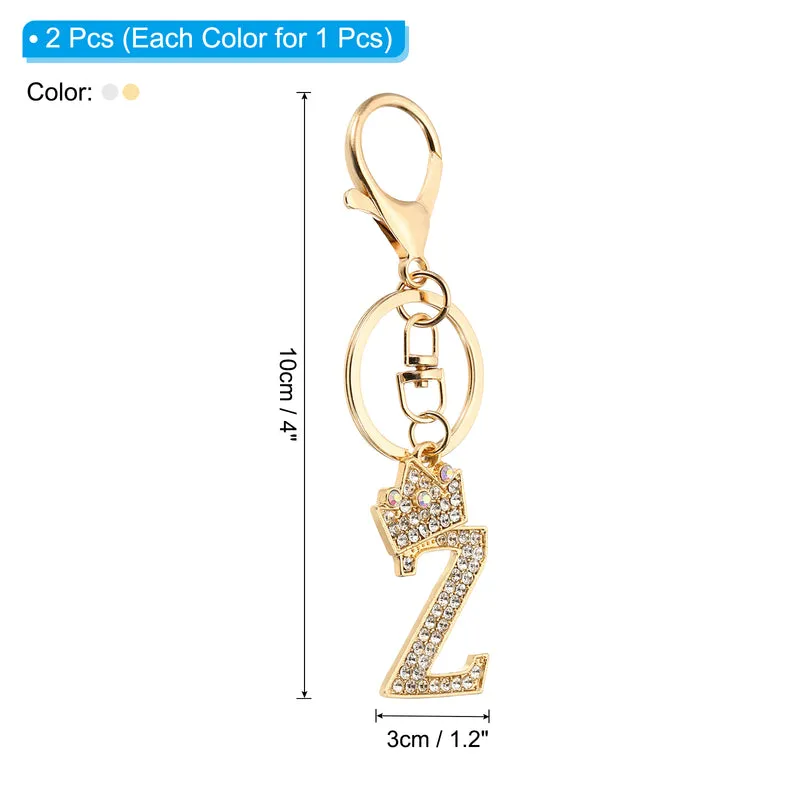 Initial Letter Keychain, 2 Pcs Letter Z Crown Design Charm, Gold/Silver