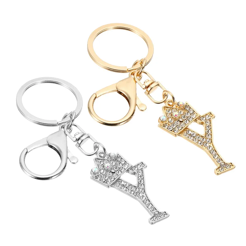 Initial Letter Keychain, 2 Pcs Letter Y Crown Design Charm, Gold/Silver