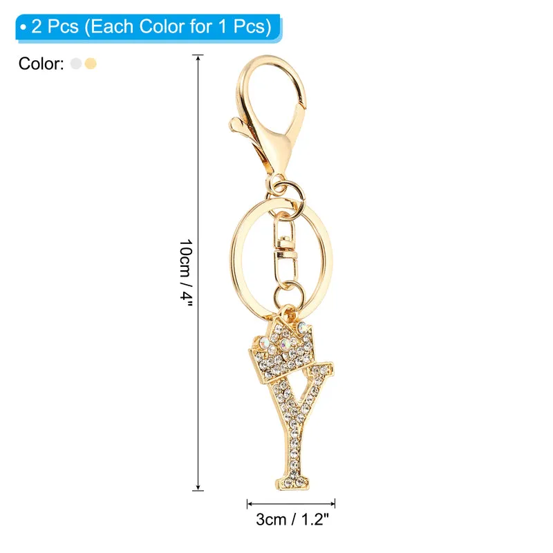 Initial Letter Keychain, 2 Pcs Letter Y Crown Design Charm, Gold/Silver