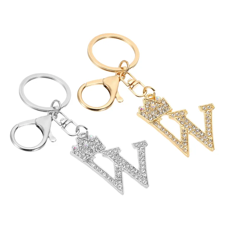 Initial Letter Keychain, 2 Pcs Letter W Crown Design Charm, Gold/Silver