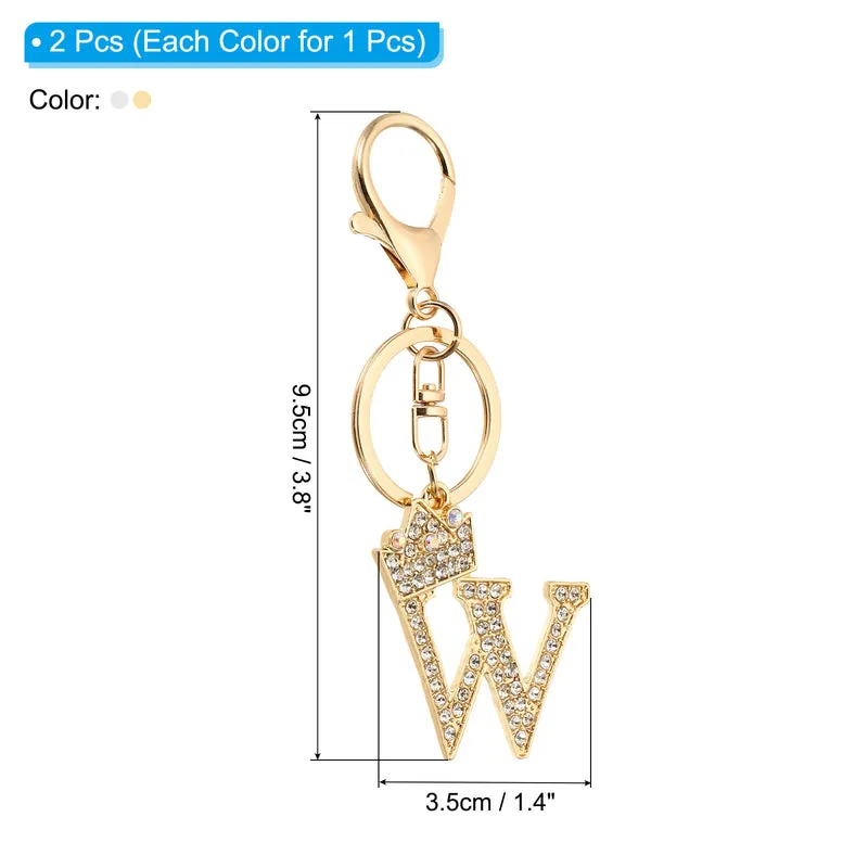 Initial Letter Keychain, 2 Pcs Letter W Crown Design Charm, Gold/Silver