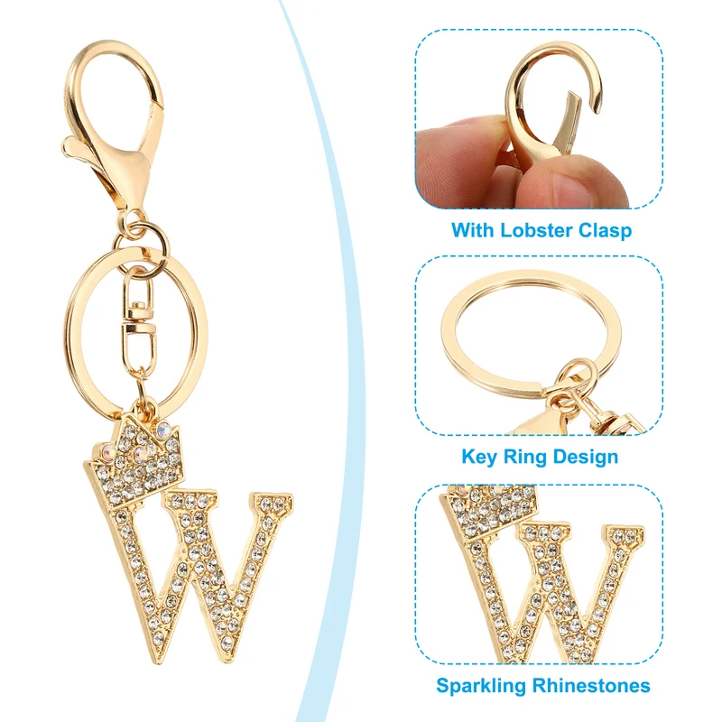 Initial Letter Keychain, 2 Pcs Letter W Crown Design Charm, Gold/Silver