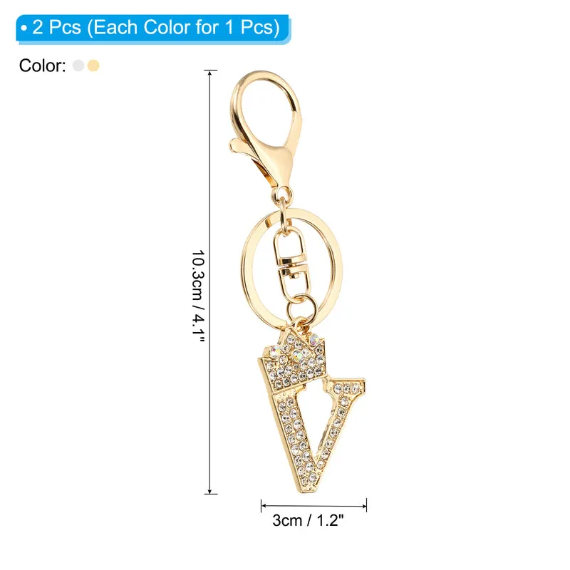 Initial Letter Keychain, 2 Pcs Letter V Crown Design Charm, Gold/Silver