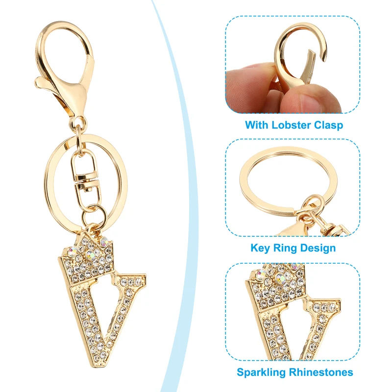 Initial Letter Keychain, 2 Pcs Letter V Crown Design Charm, Gold/Silver