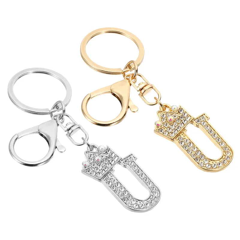 Initial Letter Keychain, 2 Pcs Letter U Crown Design Charm, Gold/Silver
