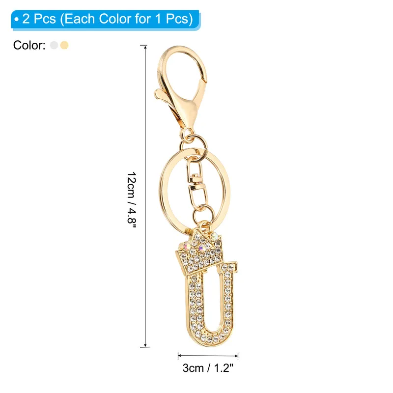 Initial Letter Keychain, 2 Pcs Letter U Crown Design Charm, Gold/Silver