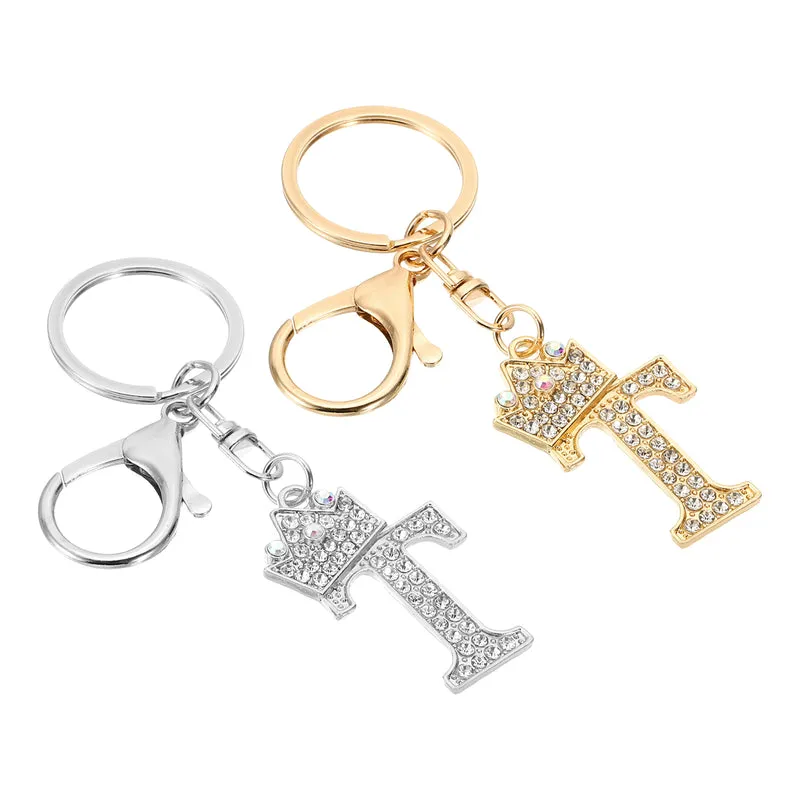Initial Letter Keychain, 2 Pcs Letter t Crown Design Charm, Gold/Silver