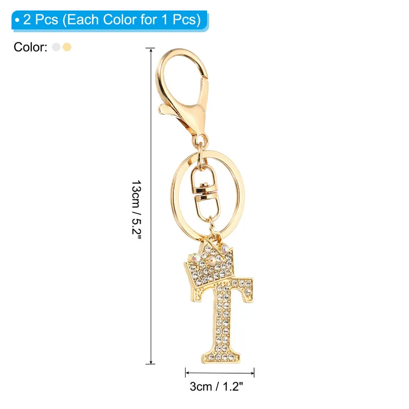 Initial Letter Keychain, 2 Pcs Letter t Crown Design Charm, Gold/Silver