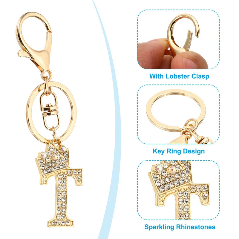 Initial Letter Keychain, 2 Pcs Letter t Crown Design Charm, Gold/Silver