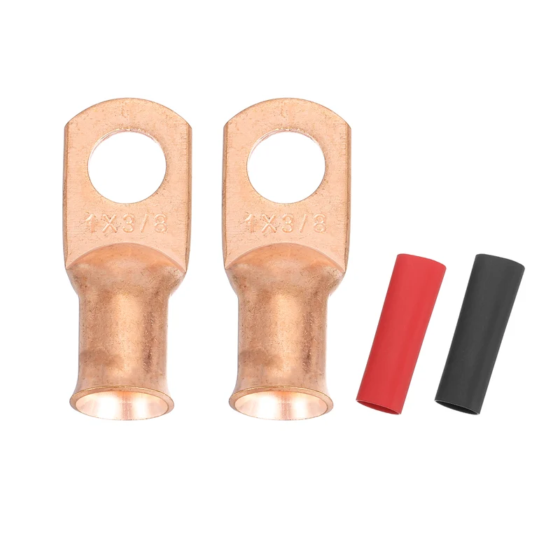 2 Pcs 3/8" Stud 1AWG Battery Cable End with 2pcs 2:1 Heat Shrink, Gold