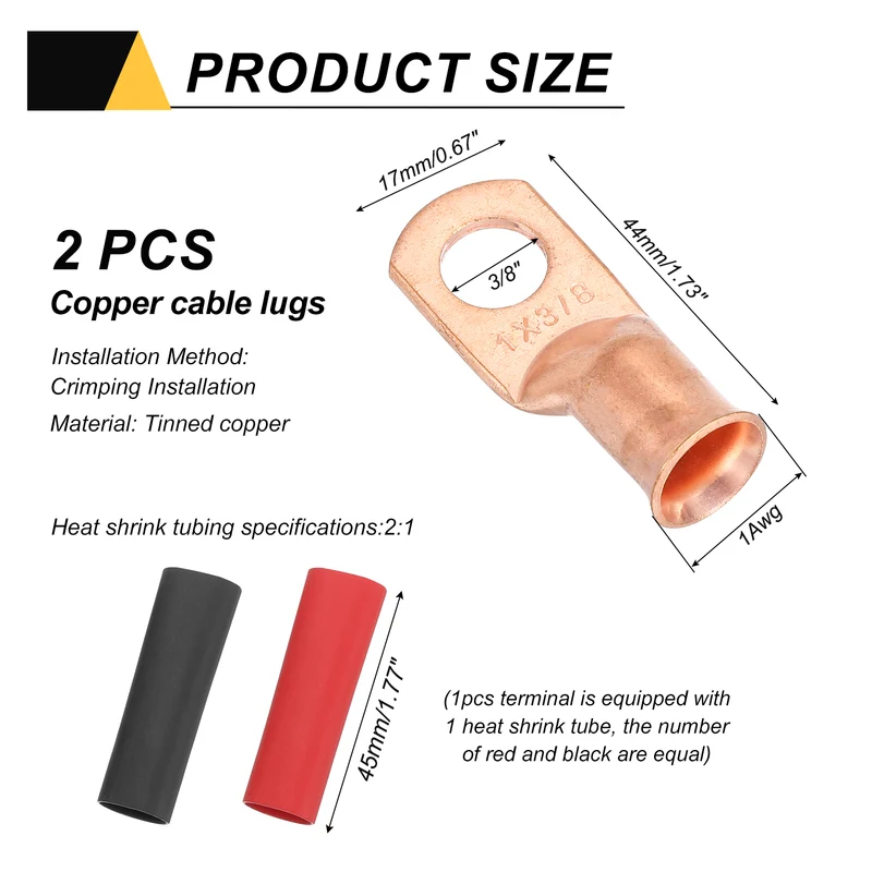 2 Pcs 3/8" Stud 1AWG Battery Cable End with 2pcs 2:1 Heat Shrink, Gold