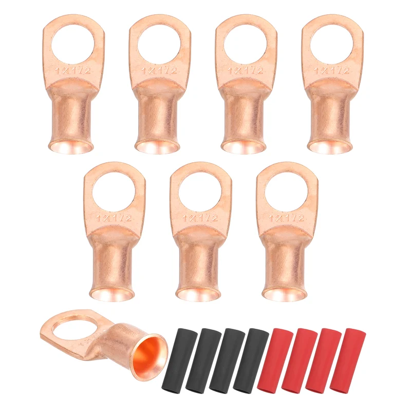 8 Pcs 1/2" Stud 1AWG Battery Cable End with 8pcs 2:1 Heat Shrink, Gold