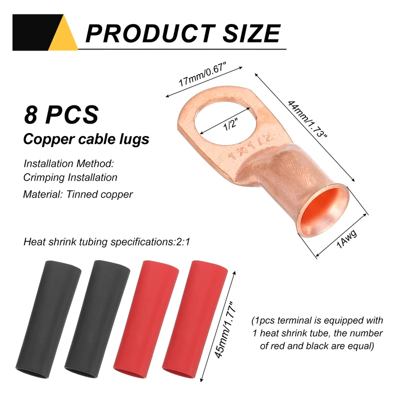 8 Pcs 1/2" Stud 1AWG Battery Cable End with 8pcs 2:1 Heat Shrink, Gold