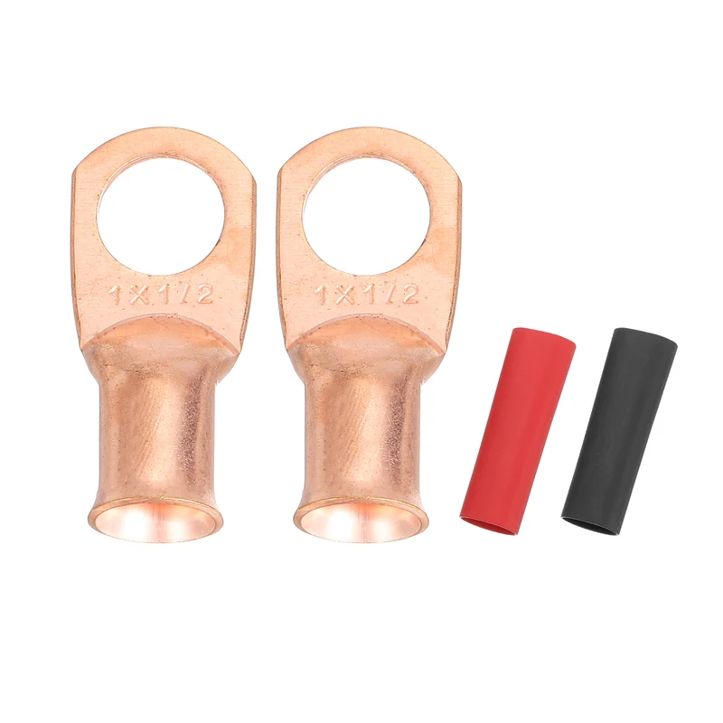 2 Pcs 1/2" Stud 1AWG Battery Cable End with 2pcs 2:1 Heat Shrink, Gold