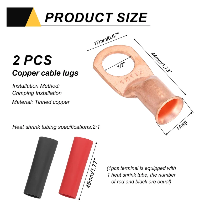 2 Pcs 1/2" Stud 1AWG Battery Cable End with 2pcs 2:1 Heat Shrink, Gold