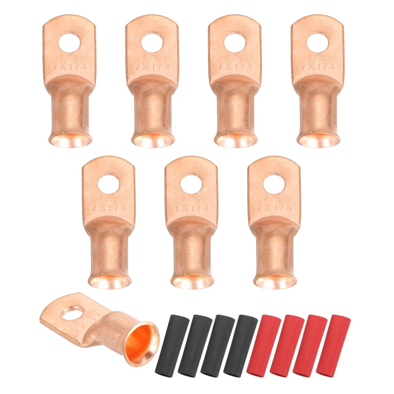 8 Pcs 1/4" Stud 1AWG Battery Cable End with 8pcs 2:1 Heat Shrink, Gold