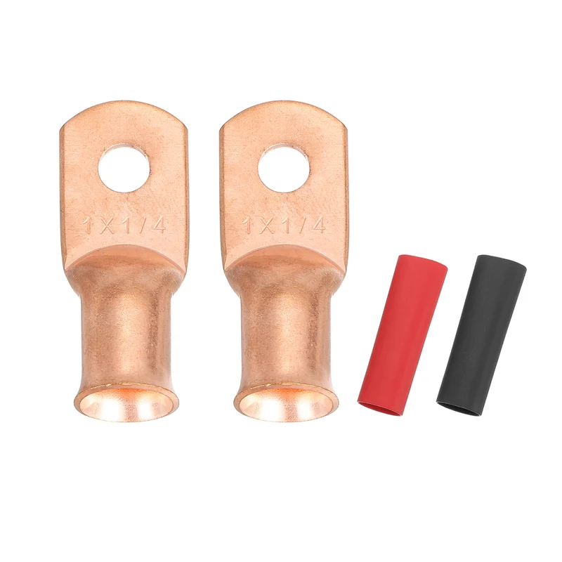 2 Pcs 1/4" Stud 1AWG Battery Cable End with 2pcs 2:1 Heat Shrink, Gold