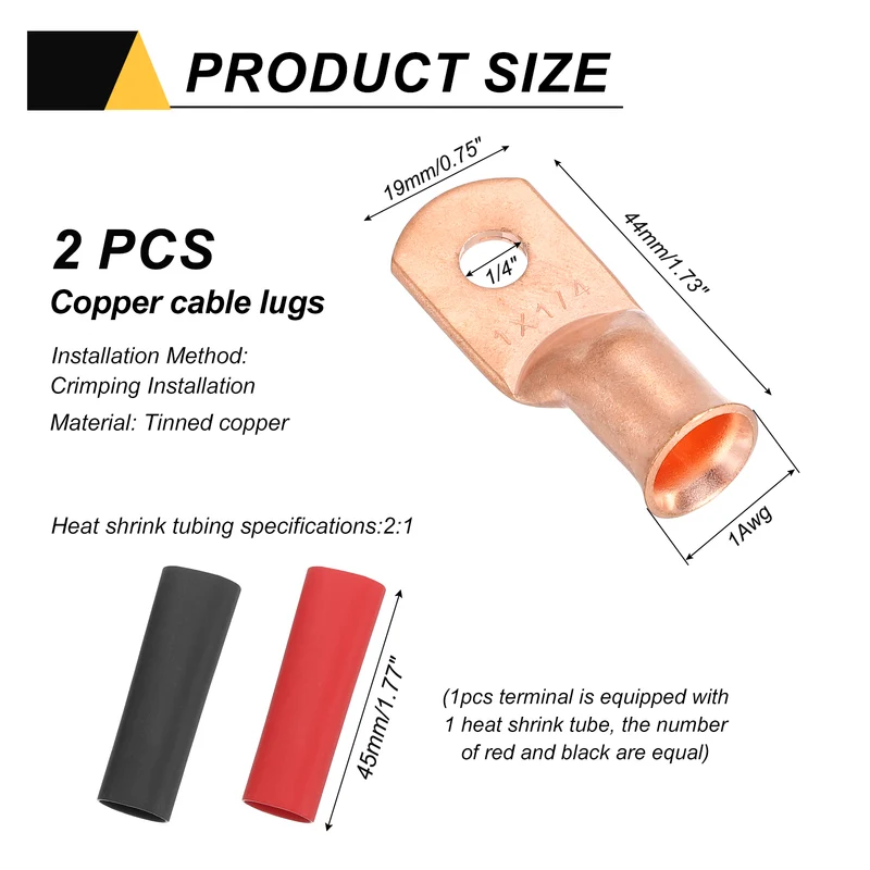 2 Pcs 1/4" Stud 1AWG Battery Cable End with 2pcs 2:1 Heat Shrink, Gold