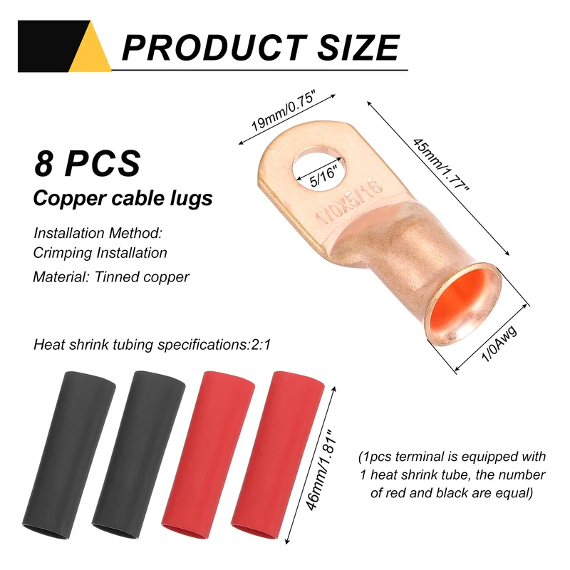 8 Pcs 5/16" Stud 1/0AWG Battery Cable End with 8pcs 2:1 Heat Shrink, Gold