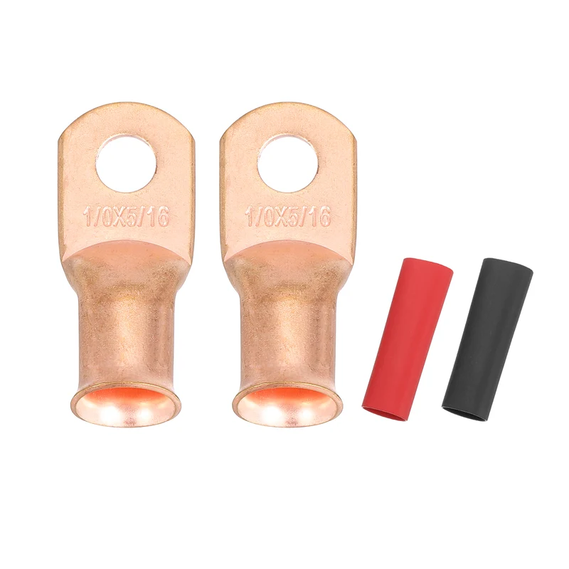 2 Pcs 5/16" Stud 1/0AWG Battery Cable End with 2pcs 2:1 Heat Shrink, Gold