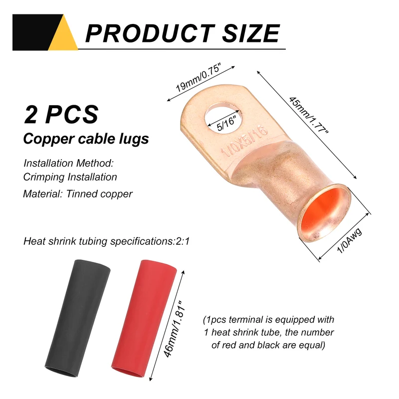 2 Pcs 5/16" Stud 1/0AWG Battery Cable End with 2pcs 2:1 Heat Shrink, Gold