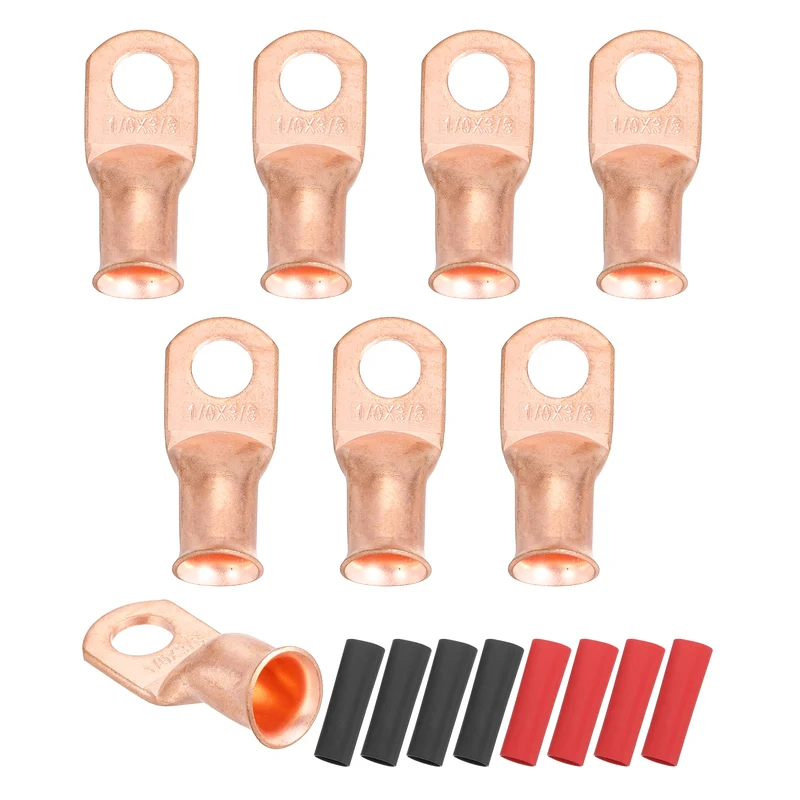 8 Pcs 3/8" Stud 1/0AWG Battery Cable End with 8pcs 2:1 Heat Shrink, Gold