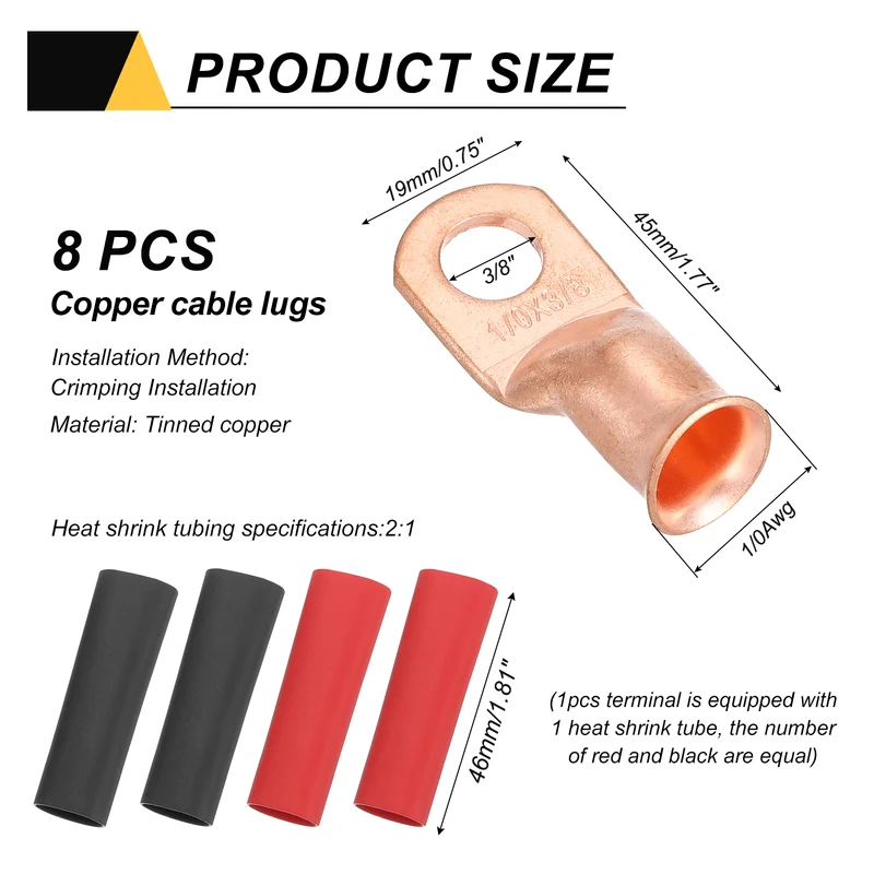 8 Pcs 3/8" Stud 1/0AWG Battery Cable End with 8pcs 2:1 Heat Shrink, Gold
