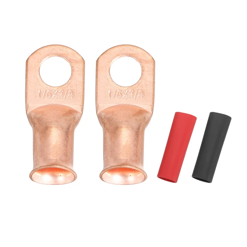 2 Pcs 3/8" Stud 1/0AWG Battery Cable End with 2pcs 2:1 Heat Shrink, Gold