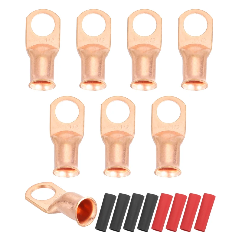 8 Pcs 1/2" Stud 1/0AWG Battery Cable End with 8pcs 2:1 Heat Shrink, Gold