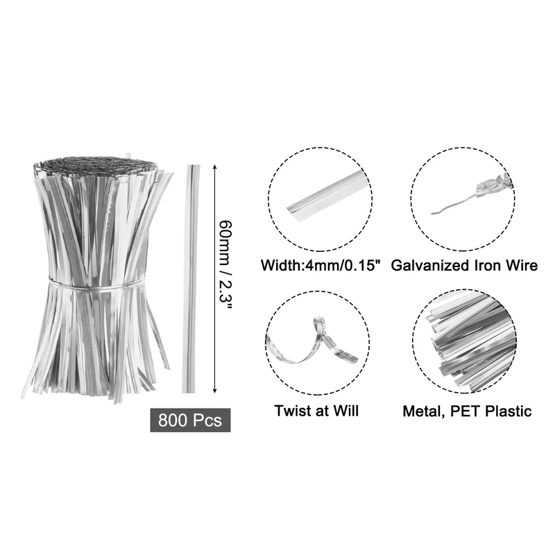 2.3" Twist Ties, Metallic Twist Ties, 800 Pack, Silver