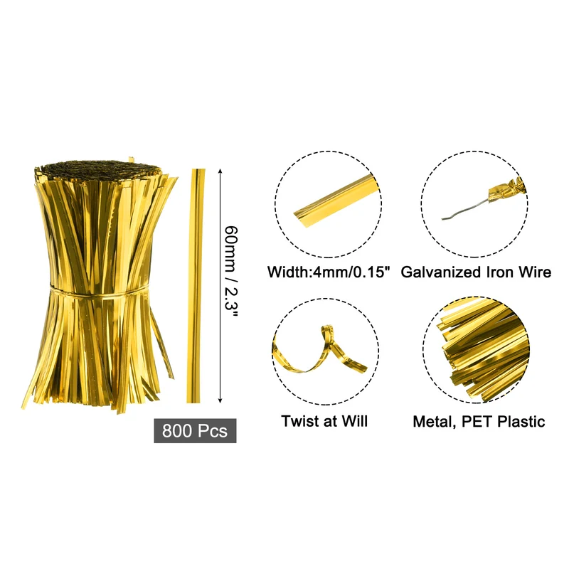 2.3" Twist Ties, Metallic Twist Ties, 800 Pack, Gold