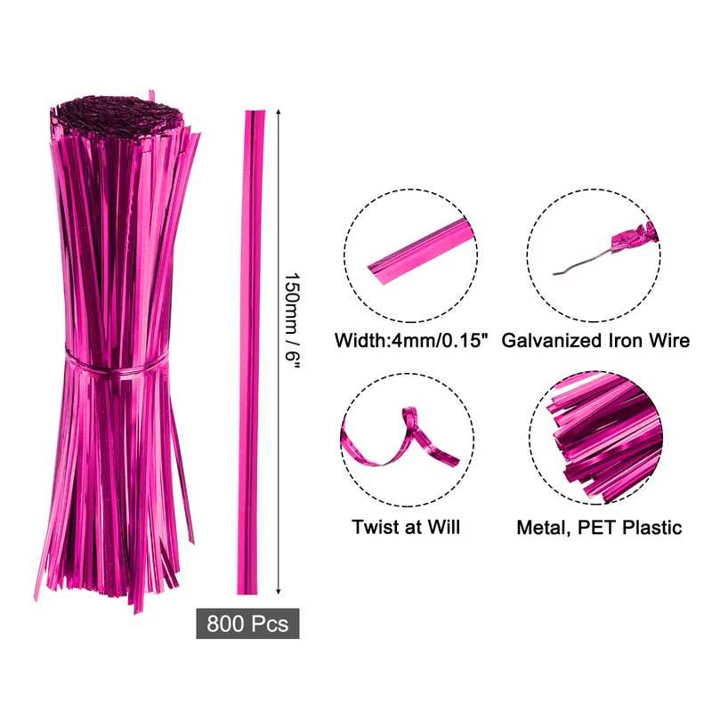 6" Twist Ties, Metallic Twist Ties, 800 Pack, Rose Red