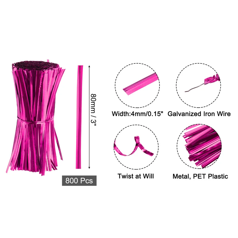 3" Twist Ties, Metallic Twist Ties, 800 Pack, Rose Red