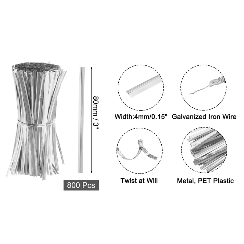 3" Twist Ties, Metallic Twist Ties, 800 Pack, Silver