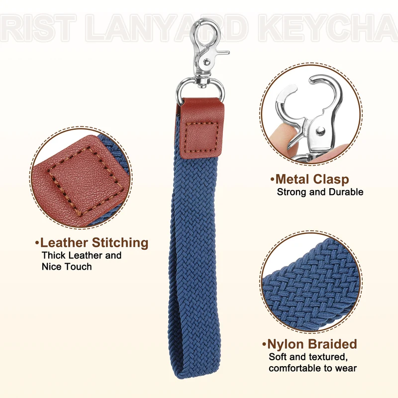 Wrist Lanyard Keychain Braided Wristlet Strap with Silver Clasp Blue