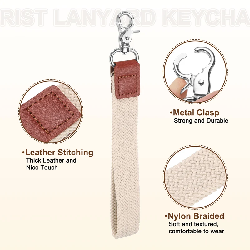 Wrist Lanyard Keychain Braided Wristlet Strap with Silver Clasp Beige