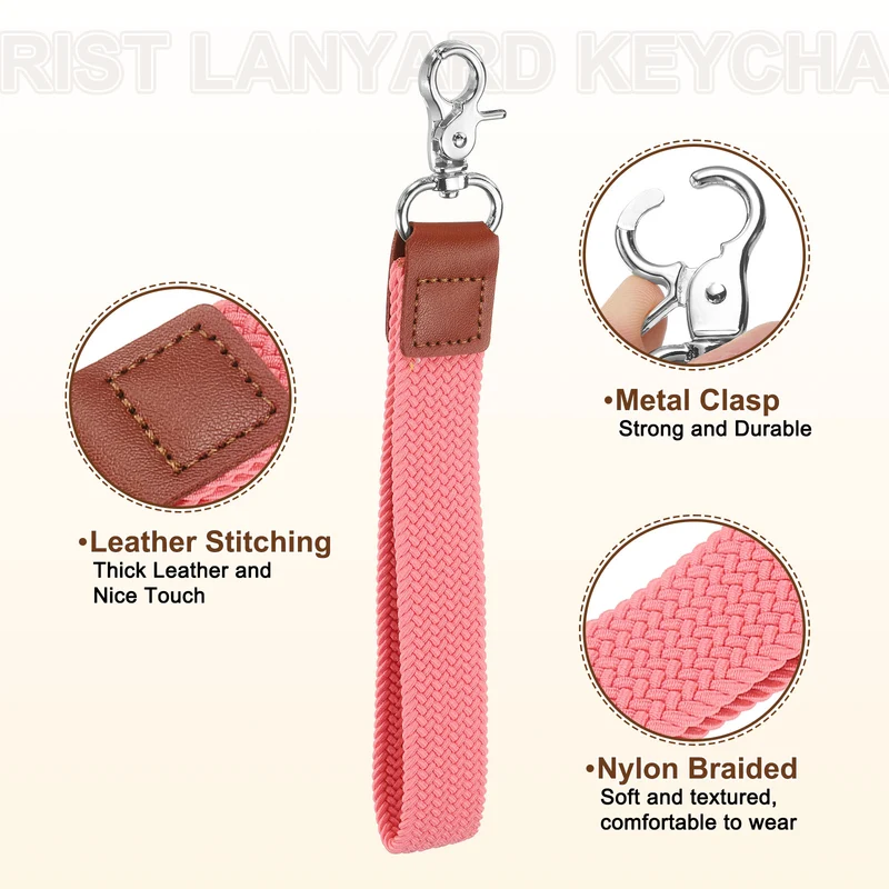 Wrist Lanyard Keychain Braided Wristlet Strap with Silver Clasp Pink