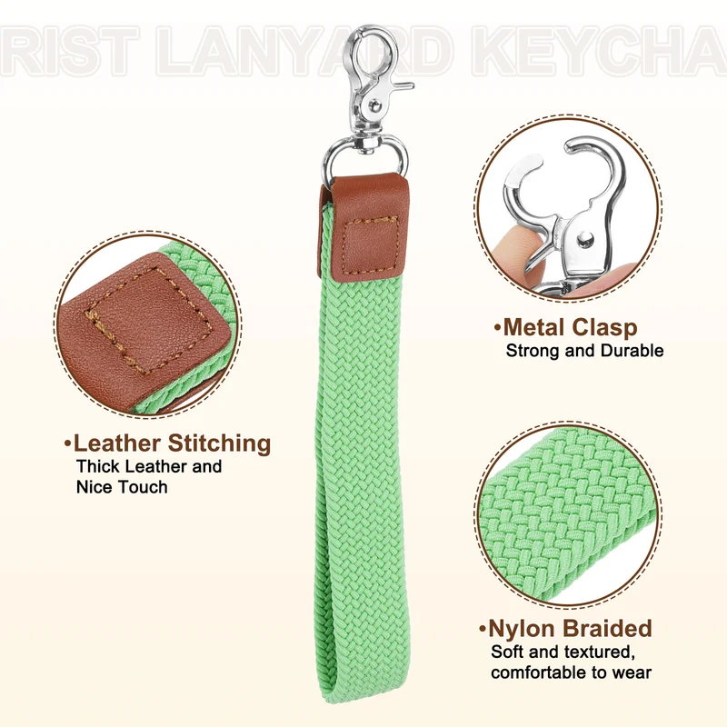 Wrist Lanyard Keychain, Braided Wristlet Strap with Silver Clasp, Green