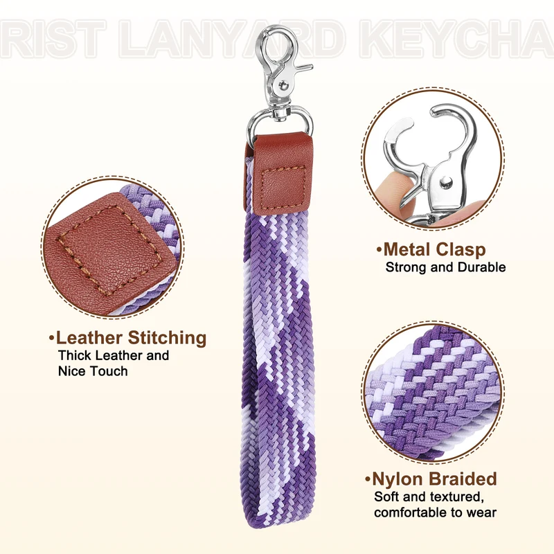 Wrist Lanyard Keychain Braided Wristlet Strap with Silver Clasp Gradient Purple