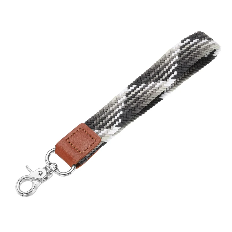 Wrist Lanyard Keychain, Braided Wristlet Strap with Silver Clasp, Gray White