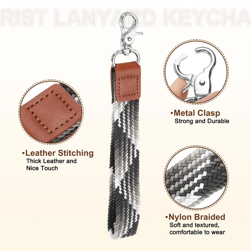 Wrist Lanyard Keychain, Braided Wristlet Strap with Silver Clasp, Gray White
