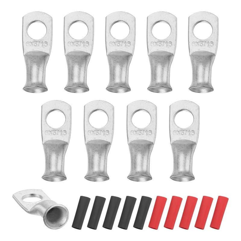 10 Pcs 5/16" Stud 6AWG Battery Lugs Ring Terminal with 10pcs Heat Shrink, Silver