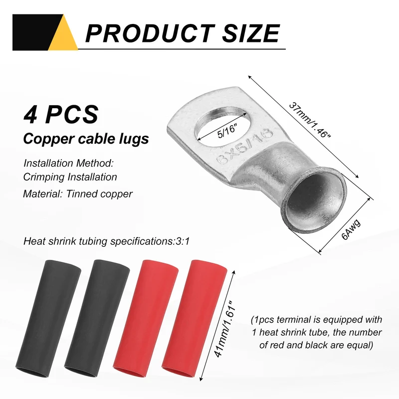 4 Pcs 5/16" Stud 6AWG Battery Lugs Ring Terminal with 4pcs Heat Shrink, Silver