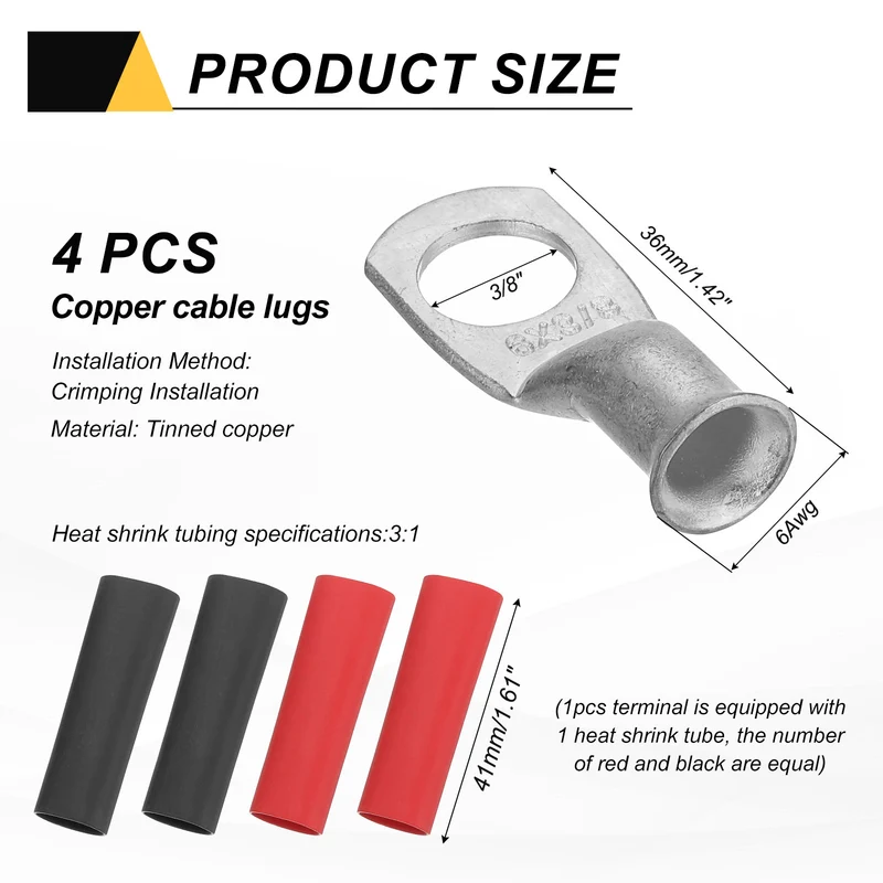 4 Pcs 3/8" Stud 6AWG Battery Lugs Ring Terminal with 4pcs Heat Shrink, Silver
