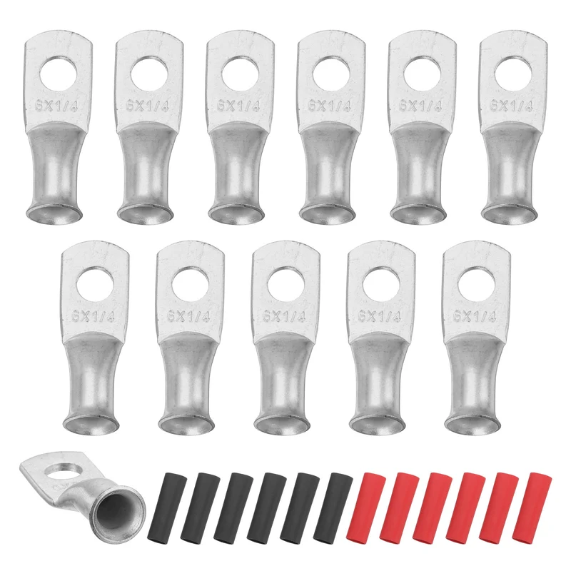 12 Pcs 1/4" Stud 6AWG Battery Lugs Ring Terminal with 12pcs Heat Shrink, Silver