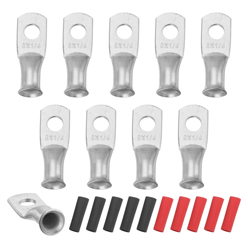 10 Pcs 1/4" Stud 6AWG Battery Lugs Ring Terminal with 10pcs Heat Shrink, Silver