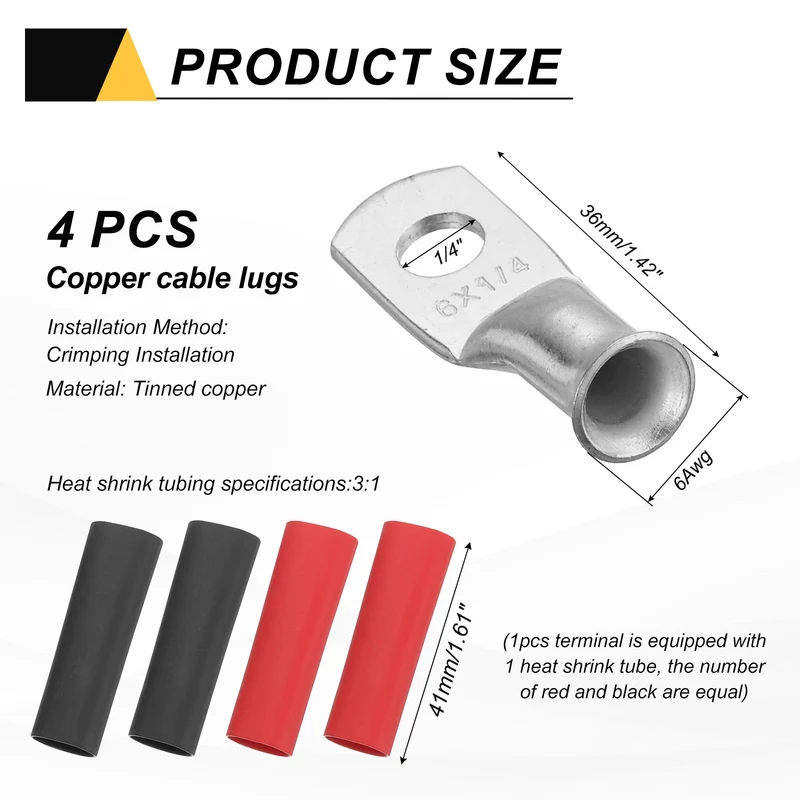 4 Pcs 1/4" Stud 6AWG Battery Lugs Ring Terminal with 4pcs Heat Shrink, Silver