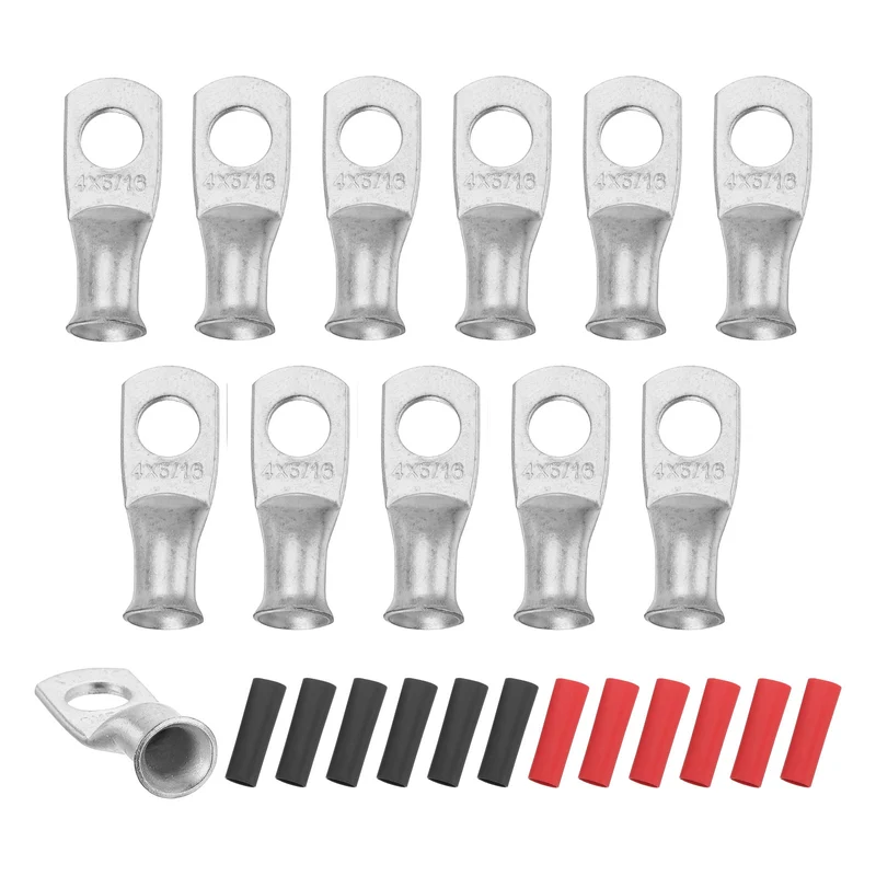 12 Pcs 5/16" Stud 4AWG Battery Lugs Ring Terminal with 12pcs Heat Shrink, Silver