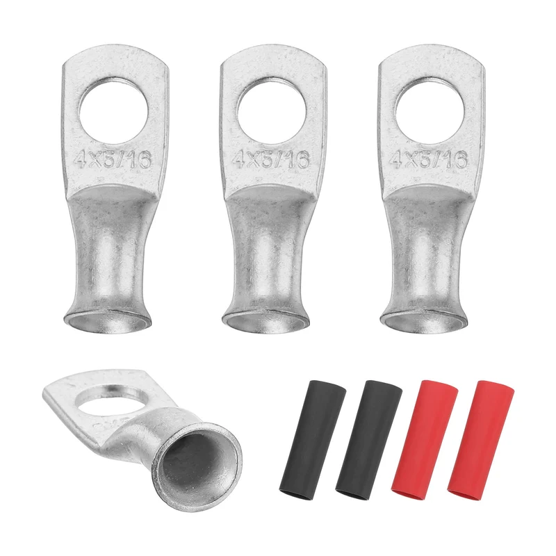 4 Pcs 5/16" Stud 4AWG Battery Lugs Ring Terminal with 4pcs Heat Shrink, Silver