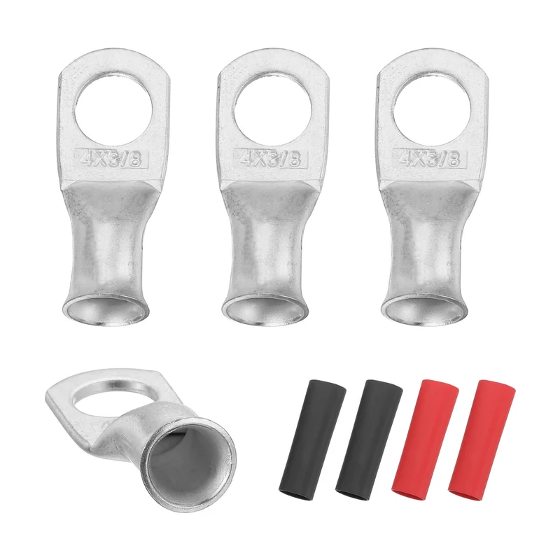 4 Pcs 3/8" Stud 4AWG Battery Lugs Ring Terminal with 4pcs Heat Shrink, Silver